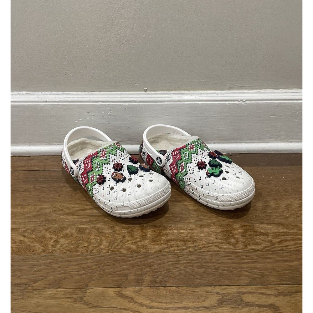 Crocs Classic Lined Holiday Christmas Charm Clogs White Green Red Women Sz 9